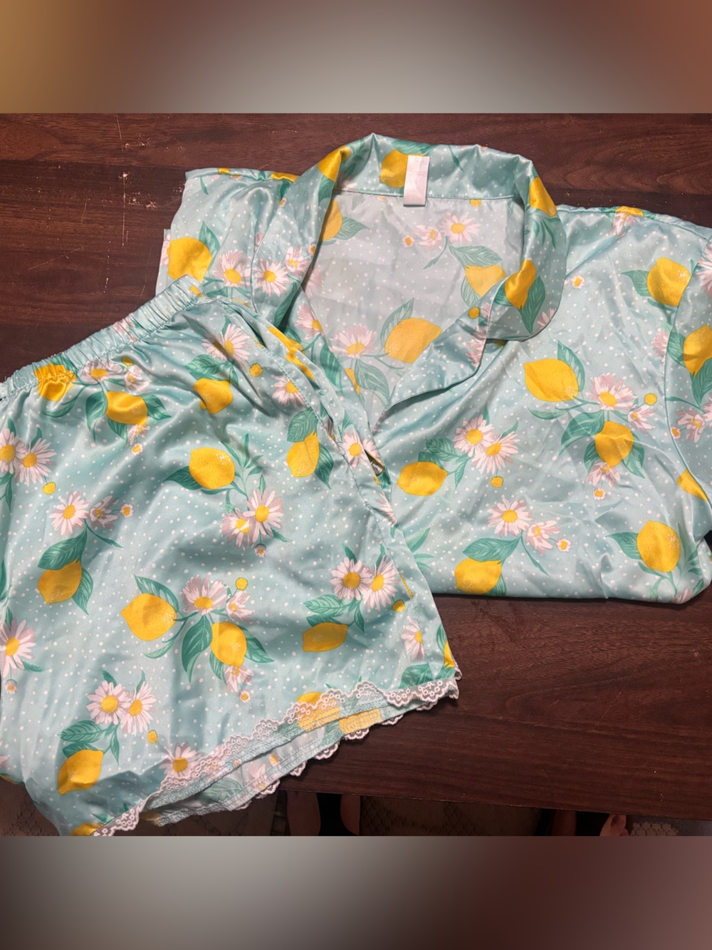Mint Green Lemon Floral Satin Pajama Set